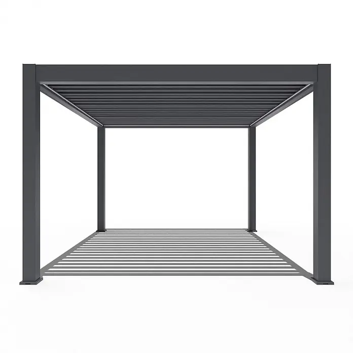 Weide Pergola Prestige freistehend Aluminium 3,6 x 4 m Anthrazit - B x T: 400 x 360 cm, Farbe Gestell: Sandpapier FinishAnthrazit / RAL Farbcode 7024, Aluminium - Dunkelgraue Metall-Pergola mit Lamellendach, die einen gestreiften Schatten wirft.