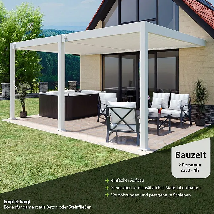 Weide Pergola Deluxe für Wandmontage Aluminium 3,6 x 5,3 m Weiß - B x T: 530 x 360 cm, Farbe Gestell: Sandpapier FinishWeiss / RAL Farbcode 9016, Aluminium - Weiße Aluminium-Pergola mit ausfahrbarem Dach über einer Terrasse mit Gartenmöbeln.