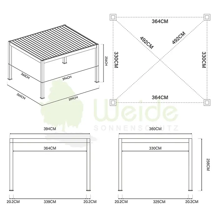 Weide Pergola Prestige freistehend Aluminium 3,6 x 4 m Anthrazit - B x T: 400 x 360 cm, Farbe Gestell: Sandpapier FinishAnthrazit / RAL Farbcode 7024, Aluminium - Technische Zeichnungen und Maße einer rechteckigen Pergola mit Lamellendach.