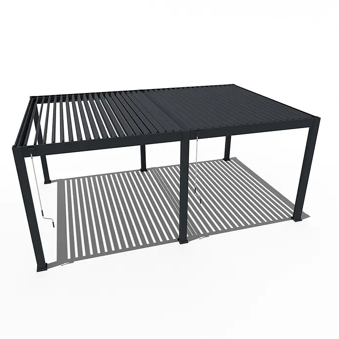 Weide Pergola Deluxe Plus freistehend 4 x 6 m Anthrazit Aluminium - Farbe Gestell: Sandpapier FinishAnthrazit / RAL Farbcode 7024, Aluminium - Anthrazitfarbene Aluminium-Pergola mit verstellbaren Lamellen, Kurbeln und Streifenschatten.