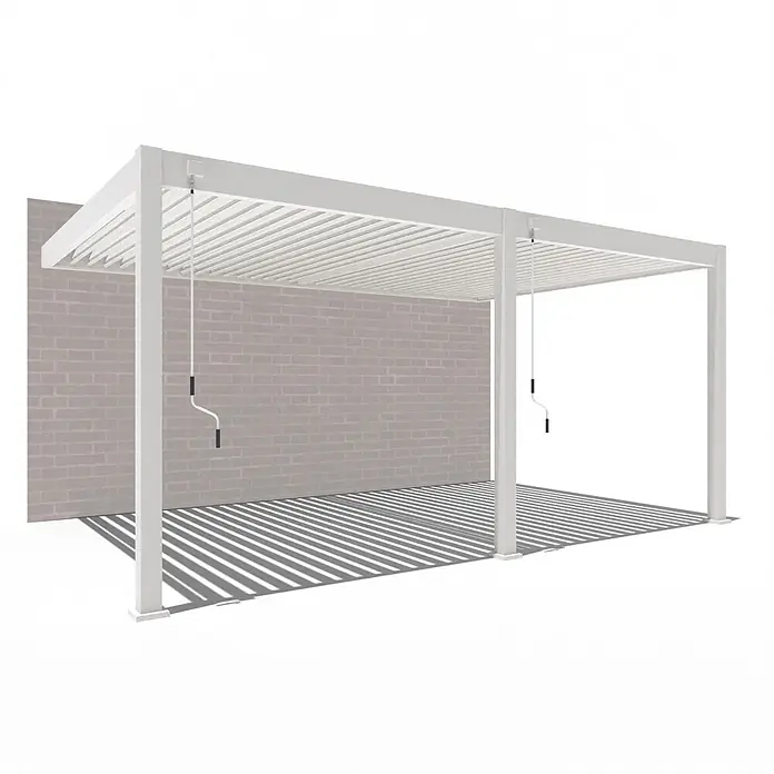 Weide Pergola Deluxe für Wandmontage Aluminium 3,6 x 5,3 m Weiß - B x T: 530 x 360 cm, Farbe Gestell: Sandpapier FinishWeiss / RAL Farbcode 9016, Aluminium - Weiße Metallpergola mit verstellbarem Lamellendach und zwei Kurbelgriffen. An einer Seite an der Wand befestigt.
