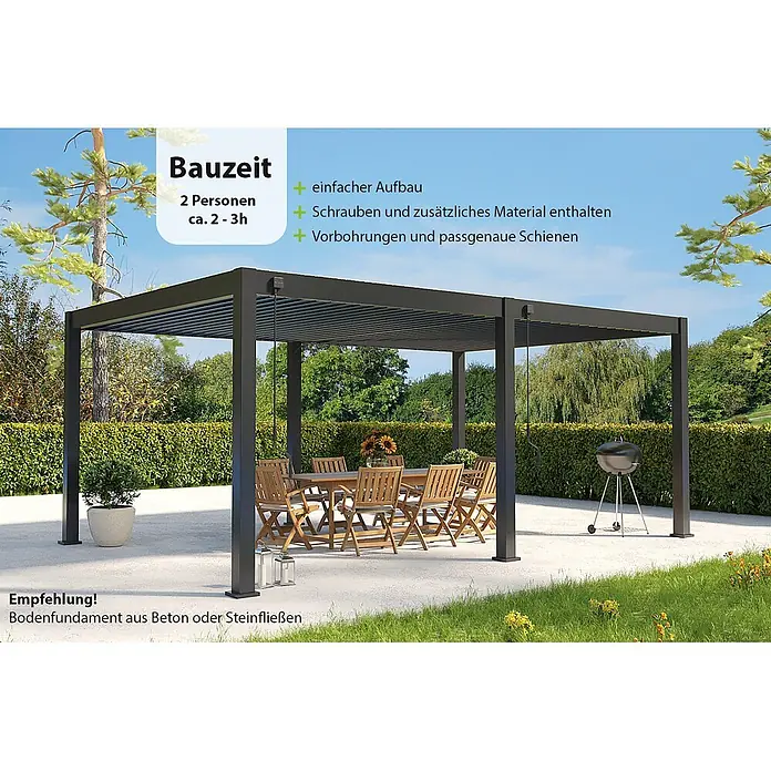 Weide Pergola Deluxe Plus freistehend 4 x 6 m Anthrazit Aluminium - Farbe Gestell: Sandpapier FinishAnthrazit / RAL Farbcode 7024, Aluminium - Dunkelgraue Lamellenpergola über einem Esstisch auf einer Terrasse.