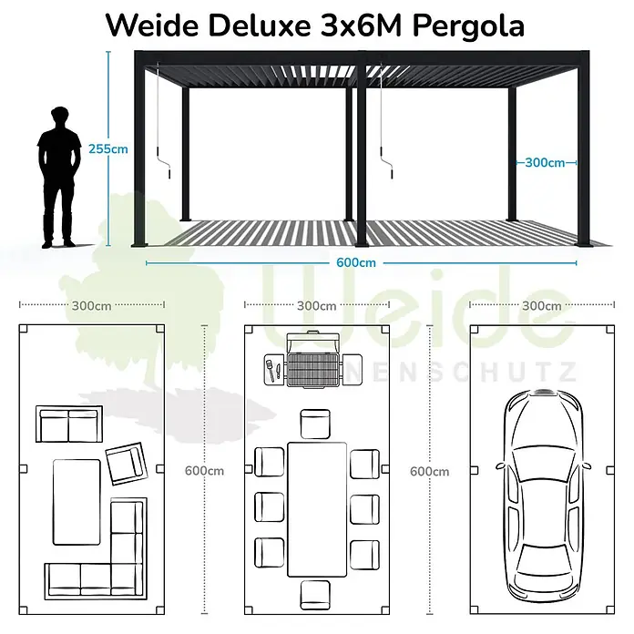 Weide Pergola WE-F-D-3060-ANT - B x T: 600 x 300 cm, Farbe Gestell: Graphitgrau, Metall - Schwarze Weide Deluxe 3x6M Pergola, 255cm hoch. Zeigt Maße, Skala mit Person, Wohn-/Essbereichen und Auto.