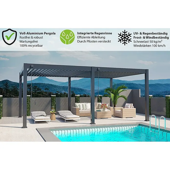Weide Pergola Deluxe Plus freistehend 4 x 6 m Anthrazit Aluminium - Farbe Gestell: Sandpapier FinishAnthrazit / RAL Farbcode 7024, Aluminium - Dunkelgraue Voll-Aluminium Pergola über einer Terrasse mit Pool. Rostfrei, wetterfest und wartungsfrei.