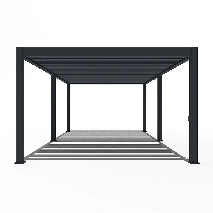 Weide Pergola Deluxe Plus freistehend 4 x 6 m Anthrazit Aluminium - Farbe Gestell: Sandpapier FinishAnthrazit / RAL Farbcode 7024, Aluminium - Anthrazitfarbene Metallpergola mit Lamellendach, die gestreifte Schatten wirft.