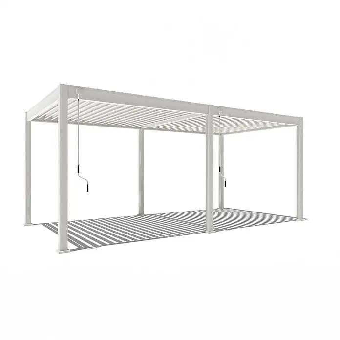 Weide Pergola Deluxe mit Classic Lamellendach Aluminium 6 x 6 M Weiß - B x T: 600 x 600 cm, Farbe Gestell: Weiß, Metall - Weiße Aluminium-Lamellenpergola mit verstellbaren Dachlamellen, die gestreifte Schatten wirft.