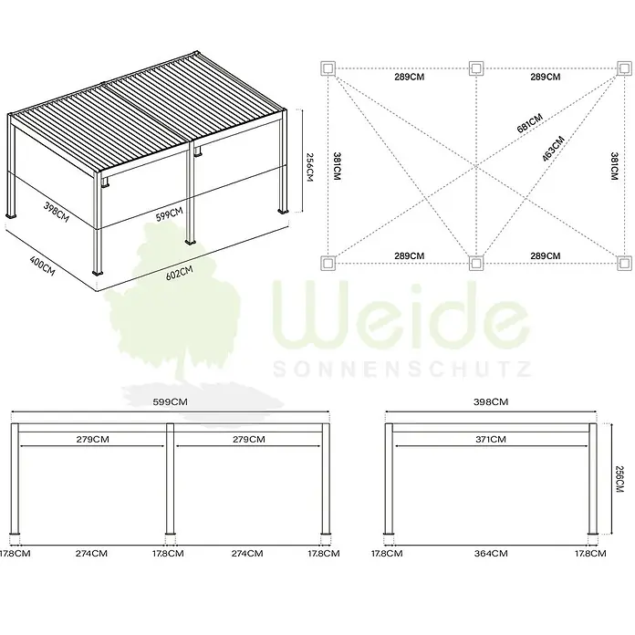 Weide Pergola Deluxe Plus freistehend 4 x 6 m Anthrazit Aluminium - Farbe Gestell: Sandpapier FinishAnthrazit / RAL Farbcode 7024, Aluminium - Detaillierte Maßzeichnung einer modernen, anthrazitfarbenen Pergola, die Struktur und Maße zeigt.