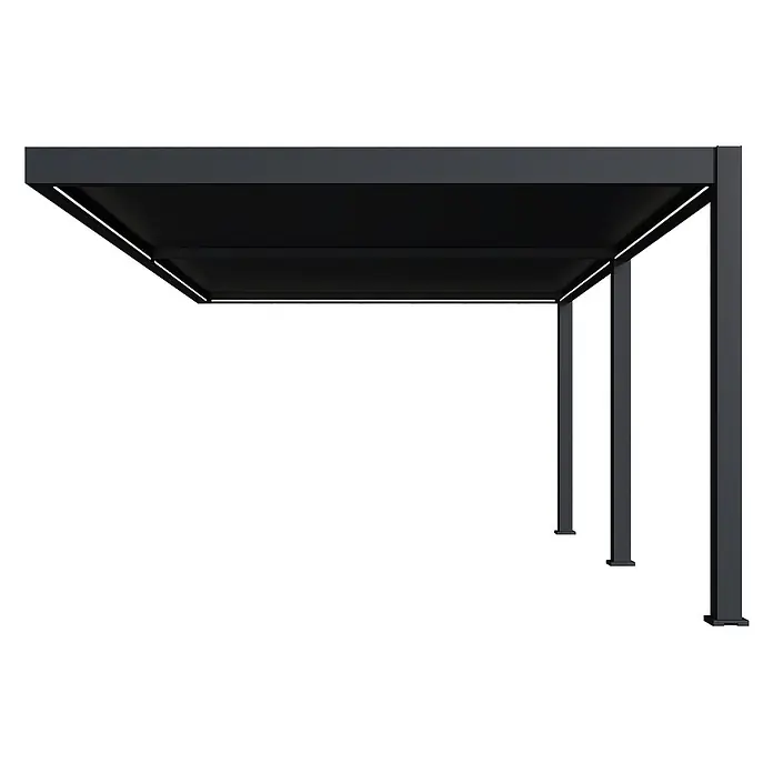 Weide Pergola E-Deluxe Plus Elektrisch für Wandmontage Aluminium 4 x 6 m Anthrazit - B x T: 600 x 400 cm, Farbe Gestell: Sandpapier FinishAnthrazit / RAL Farbcode 7024, Aluminium - Dunkelgraue Metallpergola mit schwarzem, ausziehbarem Stoffdach, spendet Schatten.