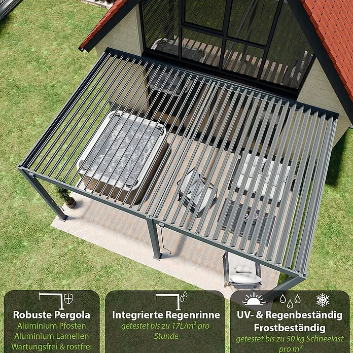 Weide Pergola Deluxe für Wandmontage Aluminium 3,6 x 5,3 m Anthrazit - B x T: 530 x 360 cm, Farbe Gestell: Sandpapier FinishAnthrazit / RAL Farbcode 7024, Aluminium - Graue Aluminium-Pergola mit verstellbaren Lamellen über einer Terrasse mit Whirlpool und Gartenmöbeln neben einem Haus.