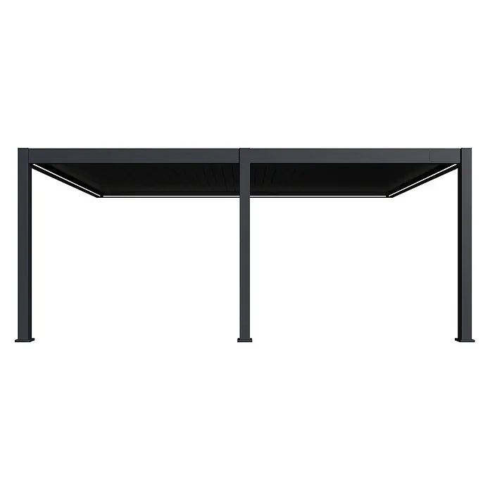 Weide Pergola E-Deluxe Plus Elektrisch für Wandmontage Aluminium 4 x 6 m Anthrazit - B x T: 600 x 400 cm, Farbe Gestell: Sandpapier FinishAnthrazit / RAL Farbcode 7024, Aluminium - Moderne dunkelgraue Metallpergola mit integrierter LED-Beleuchtung.