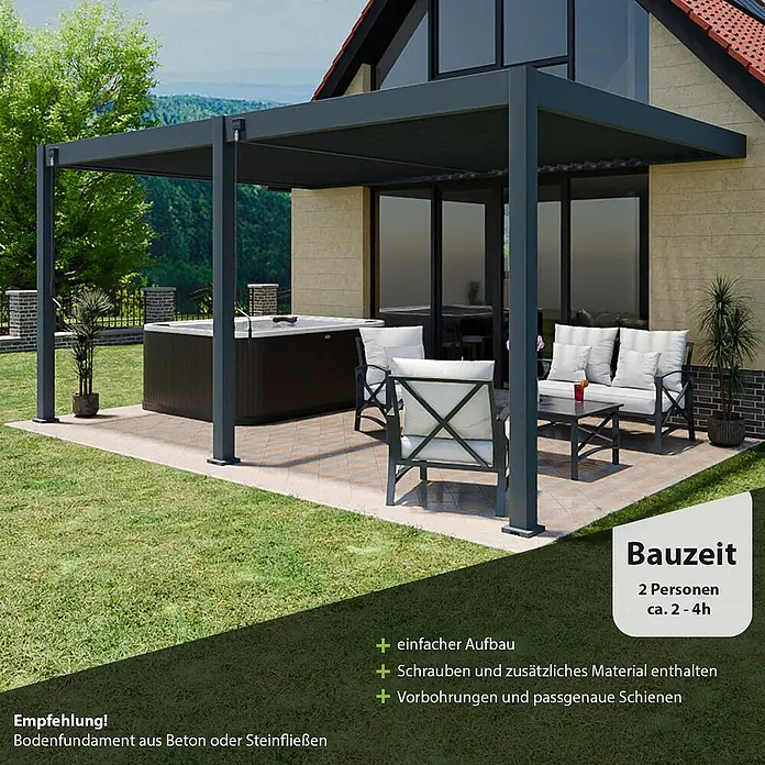 Weide Pergola Deluxe für Wandmontage Aluminium 3,6 x 5,3 m Anthrazit - B x T: 530 x 360 cm, Farbe Gestell: Sandpapier FinishAnthrazit / RAL Farbcode 7024, Aluminium - Dunkelgraue Aluminium-Pergola auf einer Terrasse mit Gartenmöbeln und Whirlpool.