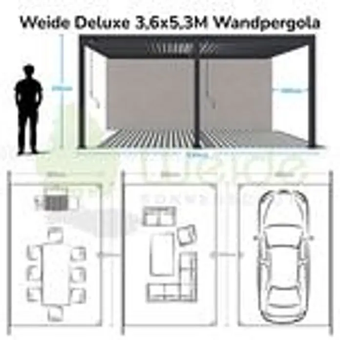 Weide Pergola Deluxe für Wandmontage Aluminium 3,6 x 5,3 m Anthrazit - B x T: 530 x 360 cm, Farbe Gestell: Sandpapier FinishAnthrazit / RAL Farbcode 7024, Aluminium - Graue Wandpergola mit verstellbarem Lamellendach. Diagramme zeigen ihre Größe für verschiedene Außenbereiche wie Essplatz oder Autoabdeckung.