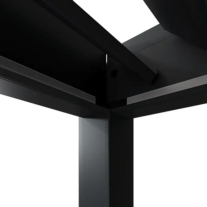 Weide Pergola Deluxe freistehend 3,6 x 4 m Anthrazit Aluminium - B x T: 400 x 360 cm, Farbe Gestell: Sandpapier FinishAnthrazit / RAL Farbcode 7024, Aluminium - Schwarzes Metalleckteil einer modernen Rahmenkonstruktion mit schlankem Design.
