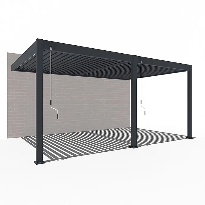 Weide Pergola Deluxe für Wandmontage Aluminium 3,6 x 5,3 m Anthrazit - B x T: 530 x 360 cm, Farbe Gestell: Sandpapier FinishAnthrazit / RAL Farbcode 7024, Aluminium - Dunkelgraue, wandmontierte Aluminium-Pergola mit verstellbaren Lamellen und Kurbelbedienung.
