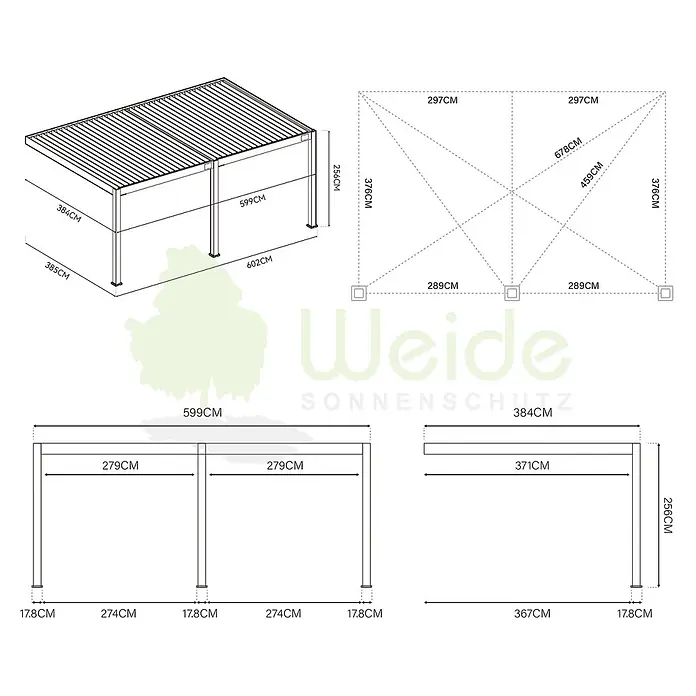 Weide Pergola E-Deluxe Plus Elektrisch für Wandmontage Aluminium 4 x 6 m Anthrazit - B x T: 600 x 400 cm, Farbe Gestell: Sandpapier FinishAnthrazit / RAL Farbcode 7024, Aluminium - Technische Zeichnung einer Pergola mit verstellbaren Lamellen, Maßen und Installationsplänen.