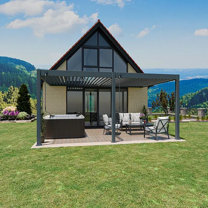 Weide Pergola Deluxe für Wandmontage Aluminium 3,6 x 5,3 m Anthrazit - B x T: 530 x 360 cm, Farbe Gestell: Sandpapier FinishAnthrazit / RAL Farbcode 7024, Aluminium - Graue Aluminium-Pergola mit verstellbarem Lamellendach über einer Terrasse mit Whirlpool und Sitzgelegenheit.
