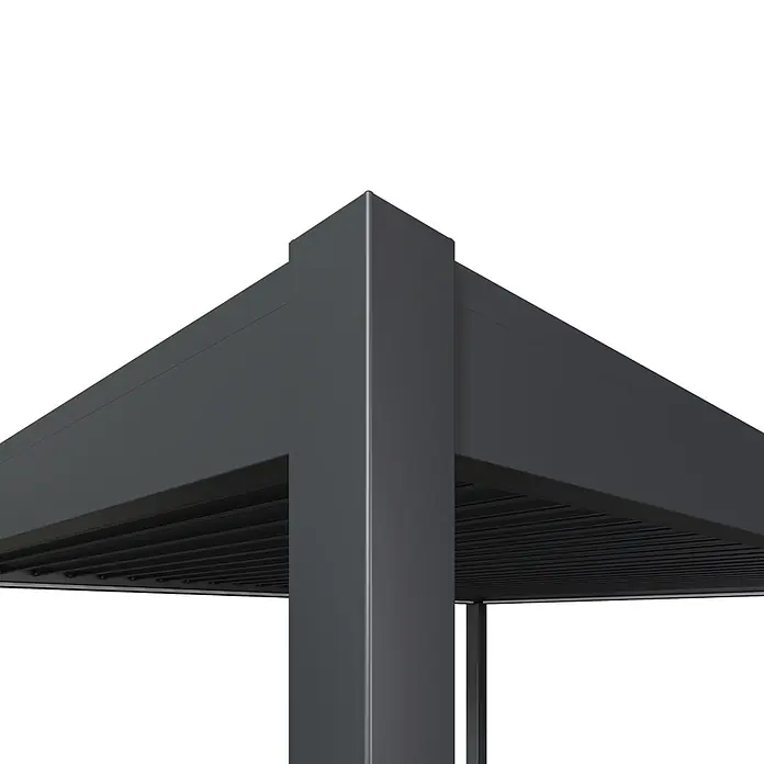 Weide Pergola Deluxe freistehend 3,6 x 4 m Anthrazit Aluminium - B x T: 400 x 360 cm, Farbe Gestell: Sandpapier FinishAnthrazit / RAL Farbcode 7024, Aluminium - Dunkelgraue Metall-Pergola-Ecke mit Lamellendachstruktur.