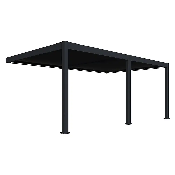 Weide Pergola E-Deluxe Plus Elektrisch für Wandmontage Aluminium 4 x 6 m Anthrazit - B x T: 600 x 400 cm, Farbe Gestell: Sandpapier FinishAnthrazit / RAL Farbcode 7024, Aluminium - Schwarze moderne Pergola mit integrierter LED-Beleuchtung.