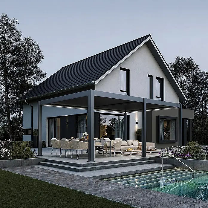 Weide Pergola Deluxe Plus freistehend 4 x 6 m Anthrazit Aluminium - Farbe Gestell: Sandpapier FinishAnthrazit / RAL Farbcode 7024, Aluminium - Modernes Haus mit großer Außenterrasse, ausgestattet mit einer dunkelgrauen Pergola über Ess- und Loungebereichen, neben einem Pool.