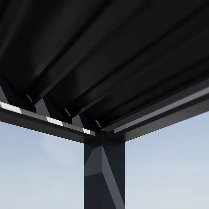 Weide Pergola E-Deluxe Plus Elektrisch freistehend Aluminium 4 x 4 m Anthrazit - B x T: 400 x 400 cm, Farbe Gestell: Sandpapier FinishAnthrazit / RAL Farbcode 7024, Aluminium - Dunkelgraue Aluminium-Pergola mit verstellbaren Lamellen und integrierter LED-Beleuchtung vor blauem Himmel.