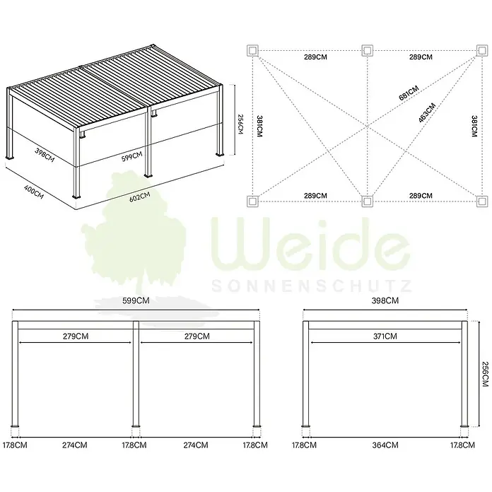 Weide Pergola E-Deluxe Plus Elektrisch freistehend Aluminium 4 x 6 m Weiß - B x T: 600 x 400 cm, Farbe Gestell: Sandpapier FinishWeiss / RAL Farbcode 9016, Aluminium - Pergola-Struktur mit detaillierten Maßen in verschiedenen Ansichten, inklusive Draufsicht, Seitenansicht und isometrischer Perspektive.