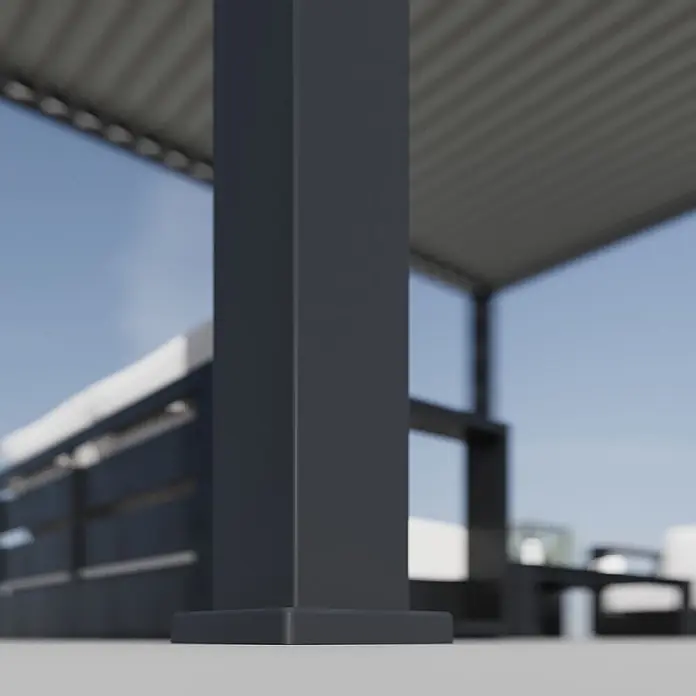 Weide Pergola E-Deluxe Plus Elektrisch freistehend Aluminium 4 x 4 m Anthrazit - B x T: 400 x 400 cm, Farbe Gestell: Sandpapier FinishAnthrazit / RAL Farbcode 7024, Aluminium - Dunkelgrauer rechteckiger Metallpfosten für eine Außenkonstruktion, mit breitem Sockel, aus niedrigem Winkel gezeigt.