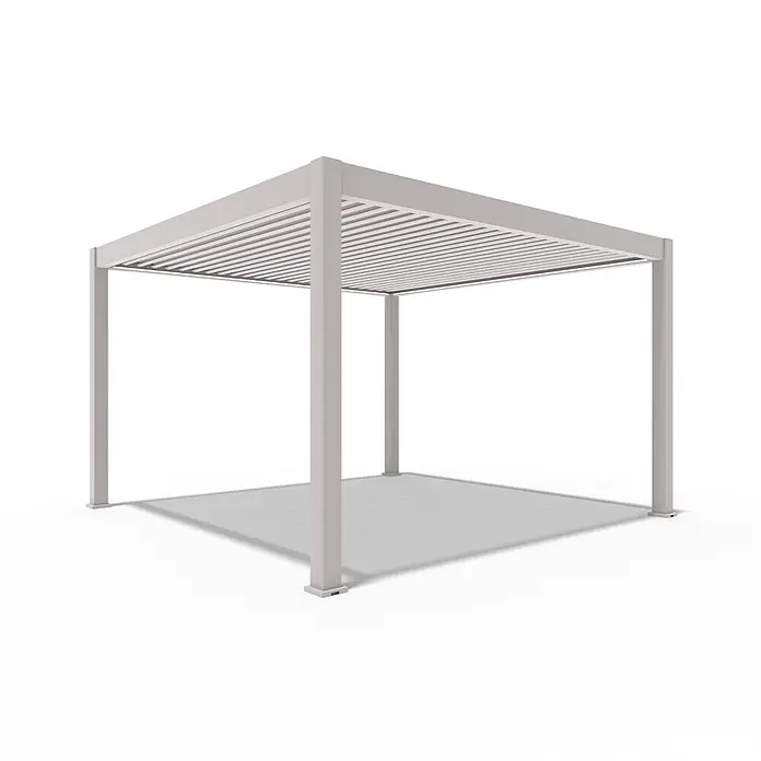 Weide Pergola E-Deluxe Plus Elektrisch freistehend Aluminium 4 x 4 m Ivory-Sand - B x T: 400 x 400 cm, Farbe Gestell: Sandpapier FinishIvory Sand / RAL Farbcode 7024, Aluminium - Hellgraue Metallpergola mit verstellbaren Lamellendachlatten für Sonnenschutz im Freien.