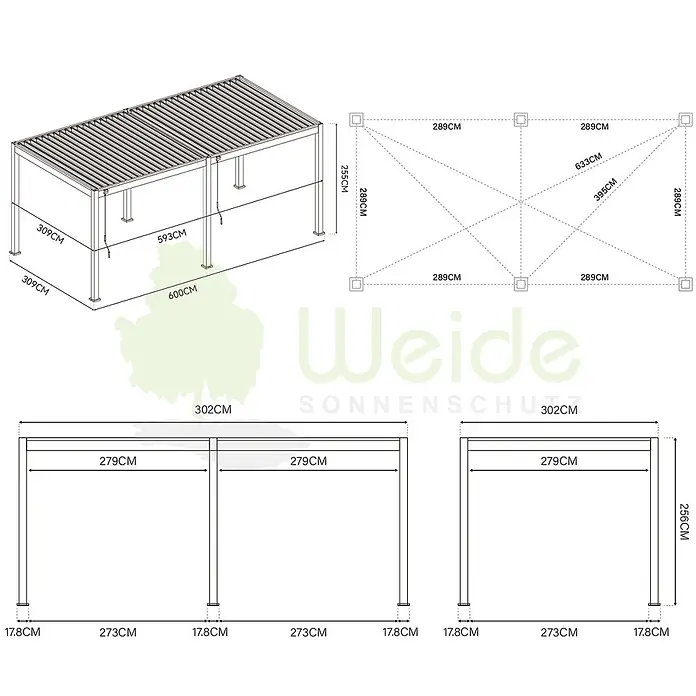 Weide Pergola Deluxe mit Verbindungskit Zwei Pergolen L-Form Aluminium 3 x 6 m Weiß - B x T: 600 x 300 cm, Farbe Gestell: Weiß, Aluminium - Maßzeichnung eines modularen Pergola-Sonnenschutzsystems mit verschiedenen Konfigurationen und Maßen.