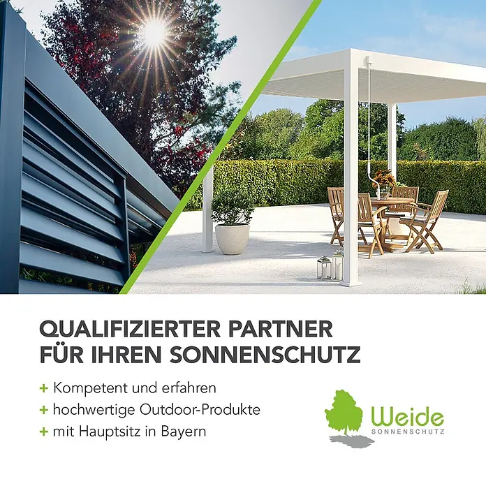 Weide Pergola E-Deluxe Plus Elektrisch freistehend Aluminium LED 3 x 4 m Ivory-Sand - B x T: 400 x 300 cm, Farbe Gestell: Sandpapier FinishIvory Sand / RAL Farbcode 7024, Aluminium - Moderne weiße Lamellenpergola beschattet eine Terrasse, dazu eine Nahaufnahme dunkler, verstellbarer Lamellen.