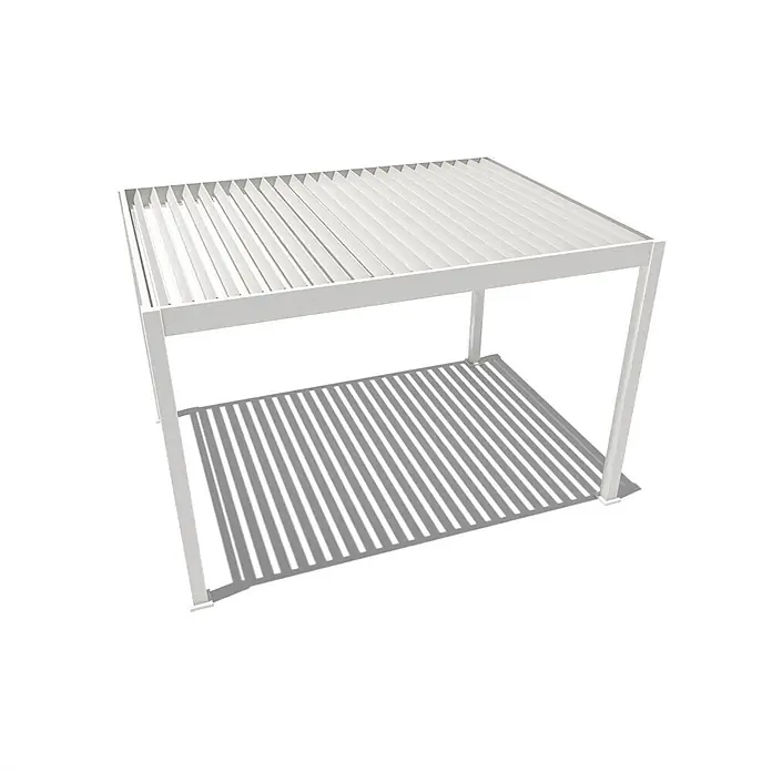 Weide Pergola E-Deluxe Elektrisch freistehend Aluminium 3 x 4 m Weiß - B x T: 400 x 300 cm, Farbe Gestell: Sandpapier FinishWeiss / RAL Farbcode 9016, Aluminium - Weiße Lamellen-Pergola mit vier Pfosten, die gestreifte Schatten wirft.