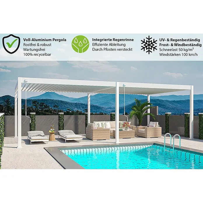 Weide Pergola Deluxe Plus freistehend Aluminium 4 x 8 m Weiß - B x T: 800 x 400 cm, Farbe Gestell: Sandpapier FinishWeiss / RAL Farbcode 9016, Aluminium - Weiße Aluminium-Pergola mit verstellbarem Lamellendach über einer Terrasse am Pool.