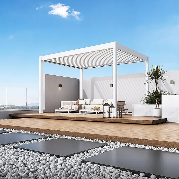 Weide Pergola E-Deluxe Elektrisch freistehend Aluminium 3 x 4 m Weiß - B x T: 400 x 300 cm, Farbe Gestell: Sandpapier FinishWeiss / RAL Farbcode 9016, Aluminium - Weiße moderne Pergola über einem eleganten Outdoor-Loungebereich auf einer Holzterrasse, spendet Schatten.