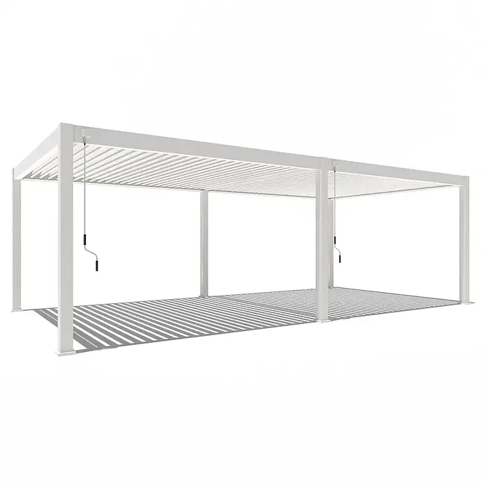 Weide Pergola Deluxe Plus freistehend Aluminium 4 x 8 m Weiß - B x T: 800 x 400 cm, Farbe Gestell: Sandpapier FinishWeiss / RAL Farbcode 9016, Aluminium - Weiße Metallpergola mit verstellbarem Lamellendach und zwei Kurbelgriffen, wirft Streifenschatten.