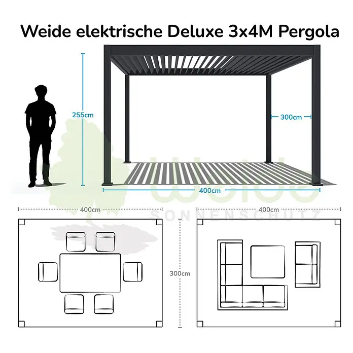 Weide Pergola E-Deluxe Elektrisch freistehend Aluminium 3 x 4 m Weiß - B x T: 400 x 300 cm, Farbe Gestell: Sandpapier FinishWeiss / RAL Farbcode 9016, Aluminium - Dunkelgraue elektrische Pergola (3x4m) mit verstellbaren Lamellen, gezeigt mit Maßen und Möbel-Layout-Beispielen.