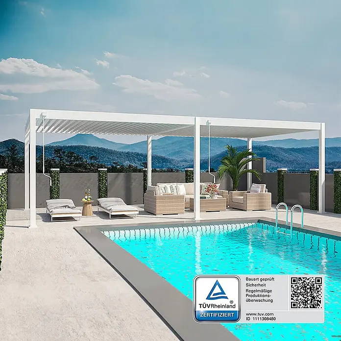 Weide Pergola Deluxe Plus freistehend 4 x 8 m Weiß Aluminium - B x T: 800 x 400 cm, Farbe Gestell: Sandpapier FinishWeiss / RAL Farbcode 9016, Aluminium - Weiße Aluminium-Pergola spendet Schatten über einem modernen Pool-Sitzbereich mit Liegen und Sofagarnitur am Swimmingpool.