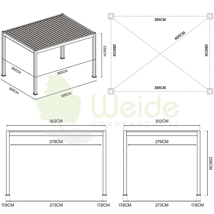 Weide Pergola E-Deluxe Elektrisch freistehend Aluminium 3 x 4 m Weiß - B x T: 400 x 300 cm, Farbe Gestell: Sandpapier FinishWeiss / RAL Farbcode 9016, Aluminium - Detailliertes Maßdiagramm einer modernen Pergola mit Lamellendach.