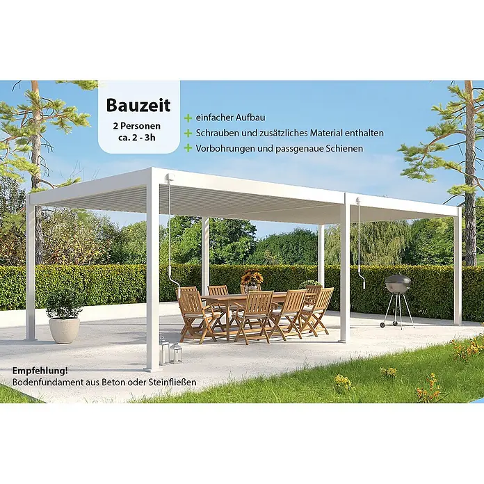Weide Pergola Deluxe Plus freistehend Aluminium 4 x 8 m Weiß - B x T: 800 x 400 cm, Farbe Gestell: Sandpapier FinishWeiss / RAL Farbcode 9016, Aluminium - Weiße Pergola mit verstellbaren Lamellen, spendet Schatten über einem Essbereich im Garten.
