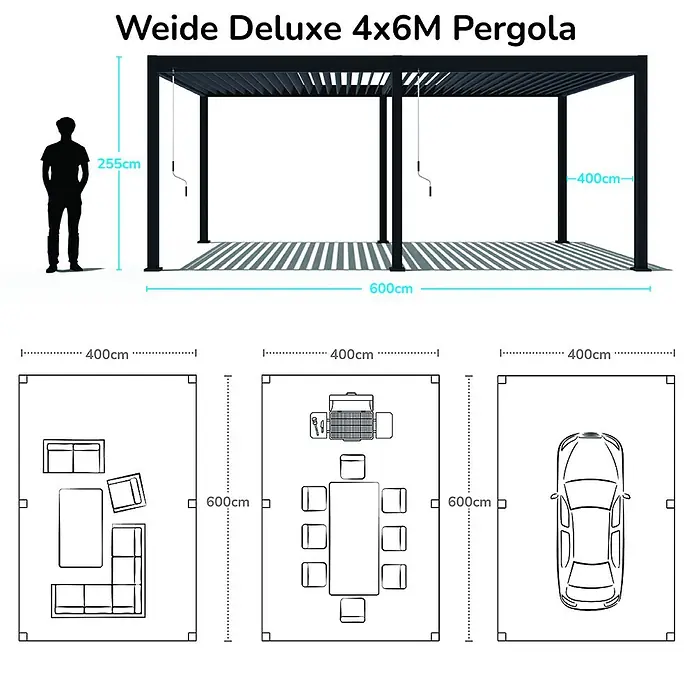 Weide Pergola Deluxe Plus freistehend 4 x 6 m Weiß Aluminium - Farbe Gestell: Sandpapier FinishWeiss / RAL Farbcode 9016, Aluminium - Schwarze Weide Deluxe 4x6M Pergola, 255cm hoch, mit Grundrissen für Gartenmöbel oder Auto.