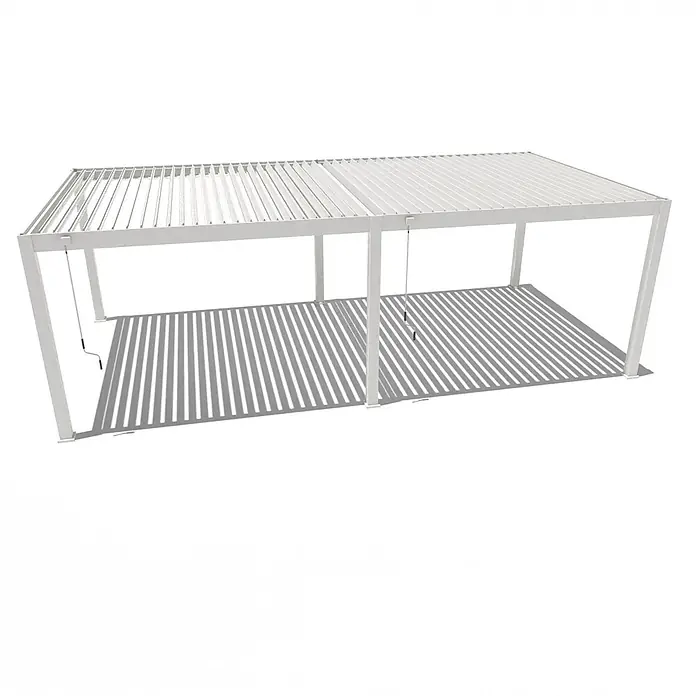 Weide Pergola Deluxe Plus freistehend Aluminium 4 x 8 m Weiß - B x T: 800 x 400 cm, Farbe Gestell: Sandpapier FinishWeiss / RAL Farbcode 9016, Aluminium - Weiße Lamellen-Metallpergola mit verstellbaren Dachlamellen und Kurbelmechanismen zur Schattenregulierung.