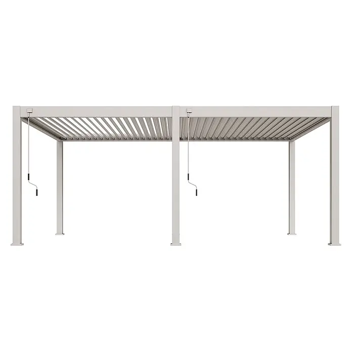 Weide Pergola Deluxe Plus freistehend 4 x 6 m Ivory-Sand Aluminium - Farbe Gestell: Sandpapier FinishIvory Sand / RAL Farbcode 7024, Aluminium - Hellgraue Aluminium-Pergola mit verstellbarem Lamellendach und zwei Handkurbeln.