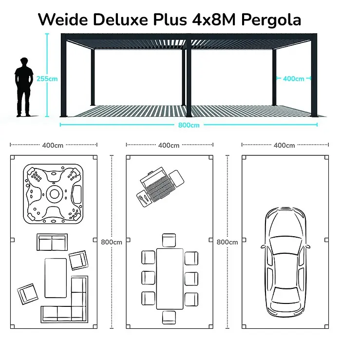 Weide Pergola Deluxe Plus freistehend Aluminium 4 x 8 m Weiß - B x T: 800 x 400 cm, Farbe Gestell: Sandpapier FinishWeiss / RAL Farbcode 9016, Aluminium - Große schwarze 4x8 Meter Lamellenpergola, mit Maßen (255cm Höhe) und illustrierter Kapazität für Outdoor-Wohnen, Essen oder Parken.