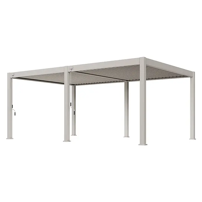 Weide Pergola Deluxe Plus freistehend 4 x 6 m Ivory-Sand Aluminium - Farbe Gestell: Sandpapier FinishIvory Sand / RAL Farbcode 7024, Aluminium - Hellgraue Metallpergola mit verstellbarem Lamellendach und manueller Kurbelbedienung.