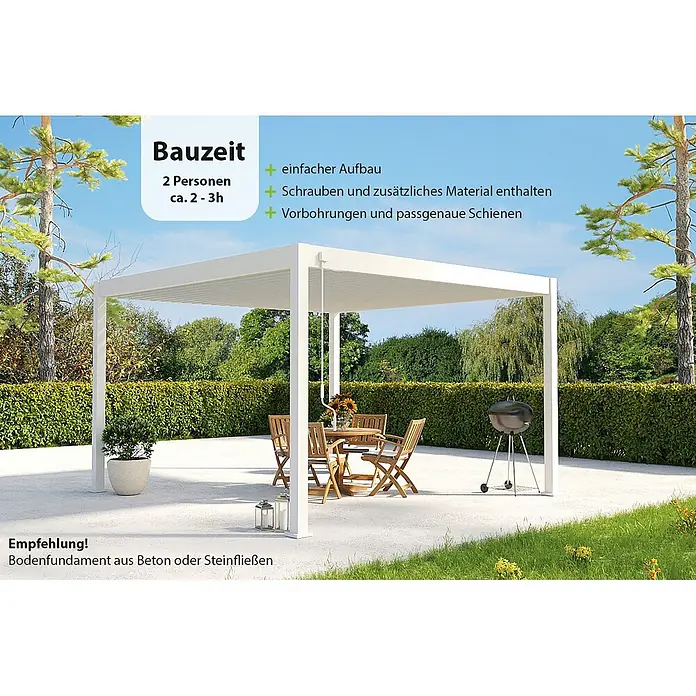 Weide Pergola Deluxe Plus freistehend 4 x 4 m Weiß Aluminium - Farbe Gestell: Sandpapier FinishWeiss / RAL Farbcode 9016, Aluminium - Weiße Pergola mit verstellbaren Lamellen, spendet Schatten über Gartenmöbeln auf einer Terrasse.