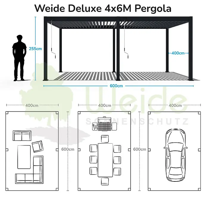 Weide Pergola E-Deluxe Plus Elektrisch freistehend Aluminium 4 x 6 m Weiß - B x T: 600 x 400 cm, Farbe Gestell: Sandpapier FinishWeiss / RAL Farbcode 9016, Aluminium - Dunkelgraue 4x6m Pergola mit Höhen- und Breitenangaben, zeigt Nutzung als Lounge, Essbereich und Carport.