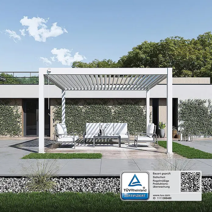 Weide Pergola Deluxe Plus freistehend 4 x 4 m Weiß Aluminium - B x T: 400 x 400 cm, Farbe Gestell: Sandpapier FinishWeiss / RAL Farbcode 9016, Aluminium - Weiße Aluminium-Pergola mit verstellbaren Lamellen, die eine moderne Terrasse beschattet.