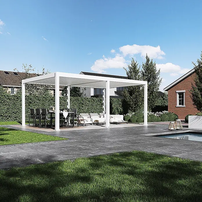 Weide Pergola E-Deluxe Plus Elektrisch freistehend Aluminium 4 x 6 m Weiß - B x T: 600 x 400 cm, Farbe Gestell: Sandpapier FinishWeiss / RAL Farbcode 9016, Aluminium - Weiße Pergola mit verstellbarem Lamellendach, spendet Schatten über Ess- und Lounge-Bereichen im Garten.
