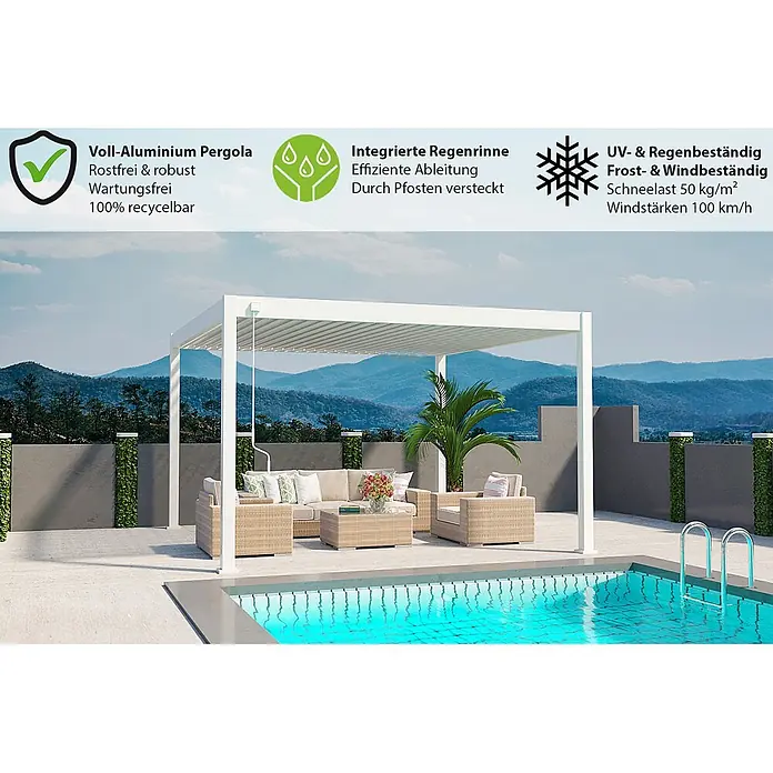 Weide Pergola Deluxe Plus freistehend 4 x 4 m Weiß Aluminium - Farbe Gestell: Sandpapier FinishWeiss / RAL Farbcode 9016, Aluminium - Eine weiße Aluminium-Pergola spendet Schatten über Gartenmöbeln am Pool.