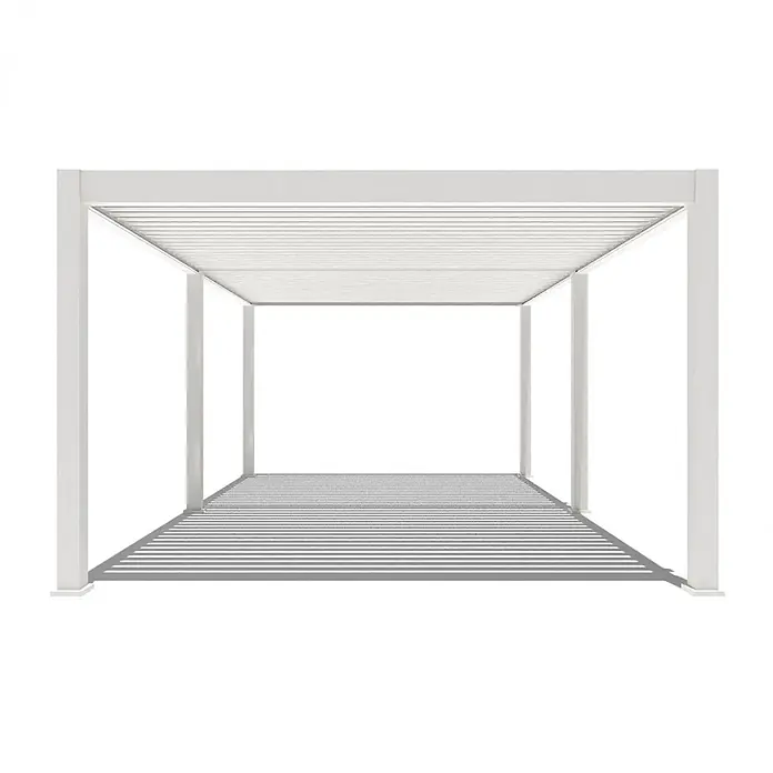 Weide Pergola E-Deluxe Plus Elektrisch freistehend Aluminium 4 x 6 m Weiß - B x T: 600 x 400 cm, Farbe Gestell: Sandpapier FinishWeiss / RAL Farbcode 9016, Aluminium - Weiße Lamellen-Pergola mit gestreiften Bodenschatten.