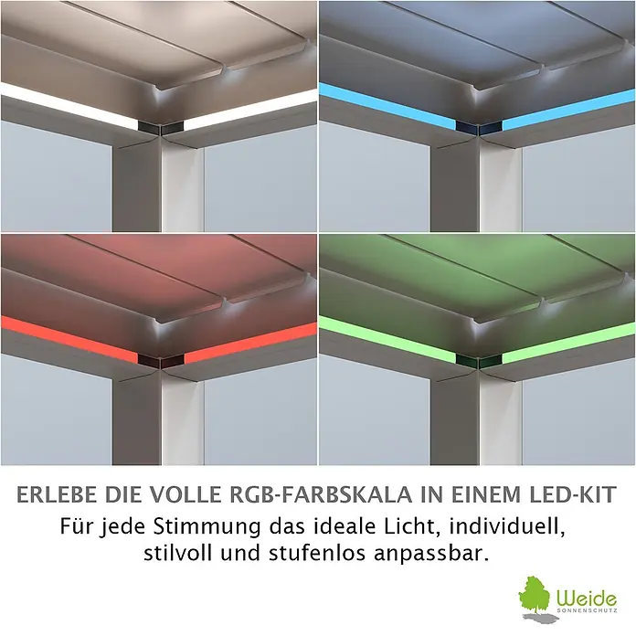 Weide Pergola E-Deluxe Plus Elektrisch freistehend 4 x 8 m Ivory-Sand - B x T: 800 x 400 cm, Farbe Gestell: Sandpapier FinishIvory Sand / RAL Farbcode 7024, Aluminium - Ein LED-Beleuchtungs-Kit in einer Eckkonstruktion, das anpassbare weiße, blaue, rote und grüne RGB-Beleuchtung zeigt.