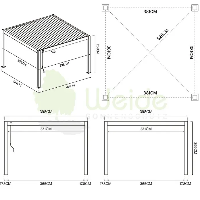 Weide Pergola E-Deluxe Plus Elektrisch freistehend Aluminium 4 x 4 m Weiß - B x T: 400 x 400 cm, Farbe Gestell: Sandpapier FinishWeiss / RAL Farbcode 9016, Aluminium - Detaillierte Zeichnung einer Pergola mit verschiedenen Maßangaben und strukturellen Abmessungen.